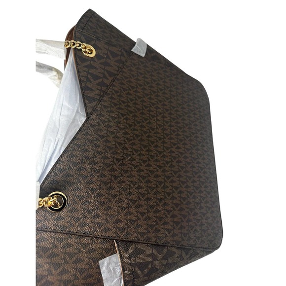 Michael Kors Jet Set Large Leather Brown X Cross Chain Shoulder Tote Hand Bag - Picture 10 of 16